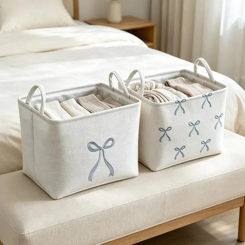 Foldable Fabric Storage Basket with Bow Embroidery & Handles Fabric Storage Basket Nixie