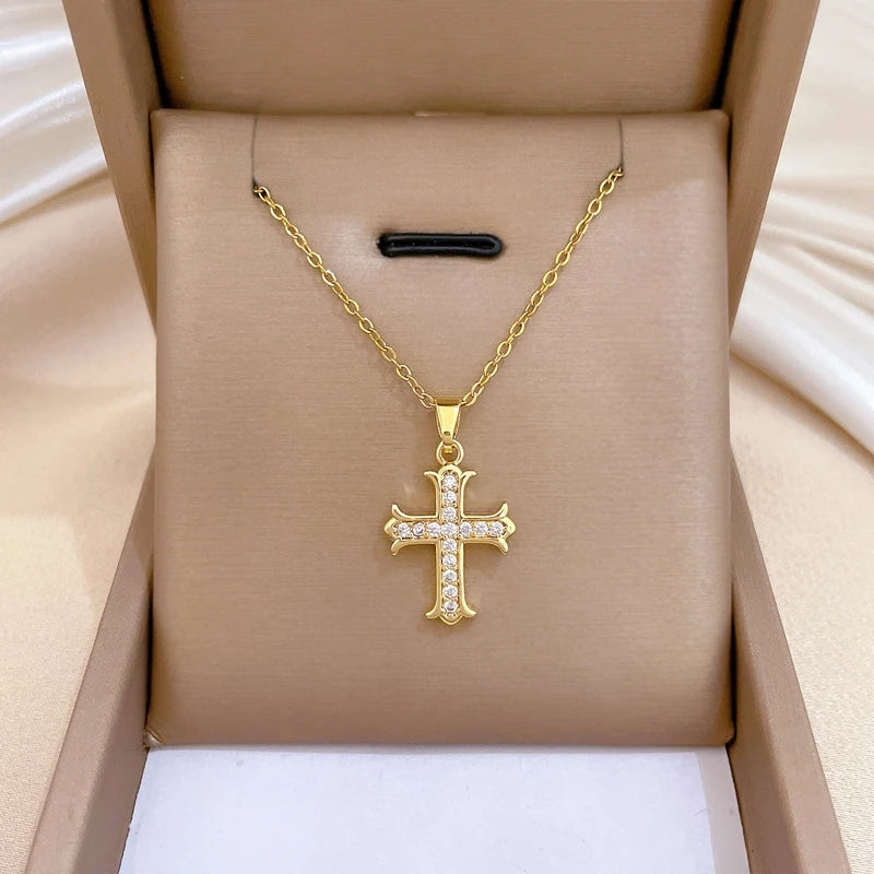 Women's Gold Cross Pendant Necklace – Stainless Steel Choker Pendant Necklace Nixie