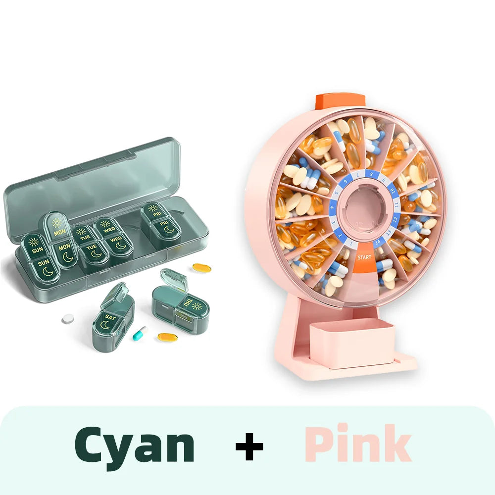 14-Day & 7-Day Pill Organizer Set – Home & Travel Case Pill Organizer Set Nixie Cyan-Pink