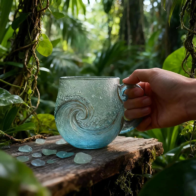 Sea Glass Wave Mug 12 oz – Handblown Ocean Wave Glass Cup Glass Mug Nixie