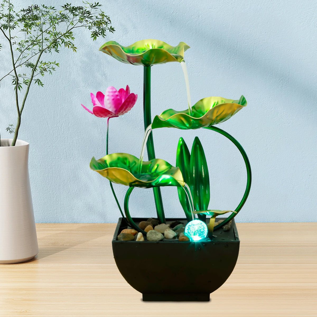 Tabletop Water Fountain with LED Ring Light | Zen Desk Decor