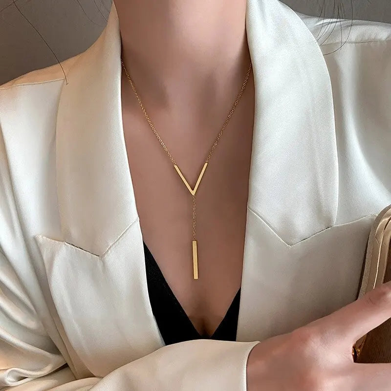 Gold V-Shape Bar Tassel Collarbone Necklace | Stainless Steel Pendant Necklace Nixie