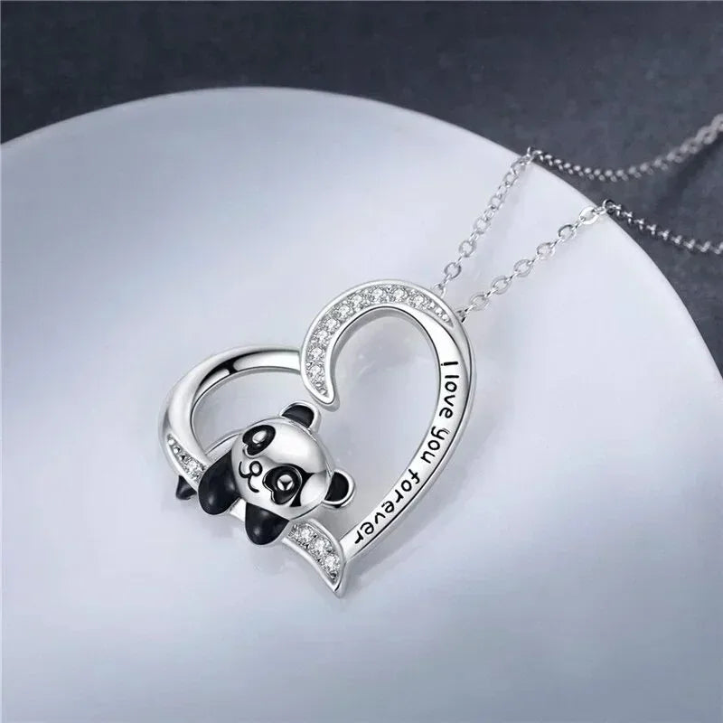 Panda Bear Zircon Heart Pendant Necklace Set – Women & Girls