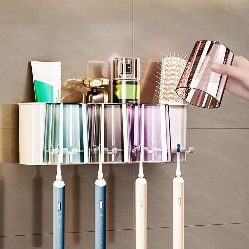 Wall Mounted Toothbrush Holder Rack with Cups – Punch-Free