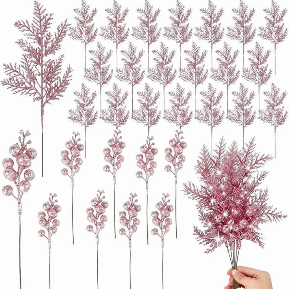 10Pcs Glitter Christmas Tree Ornaments Artificial Flowers & Berry Christmas Tree Ornaments Nixie