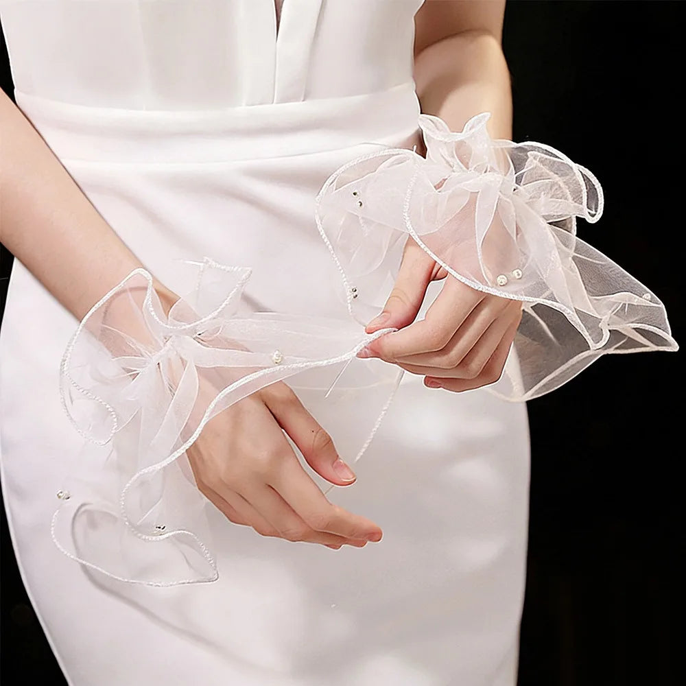 Elegant White Lace Bridal Gloves with Pearls & Ruffles Bridal Gloves Nixie 5