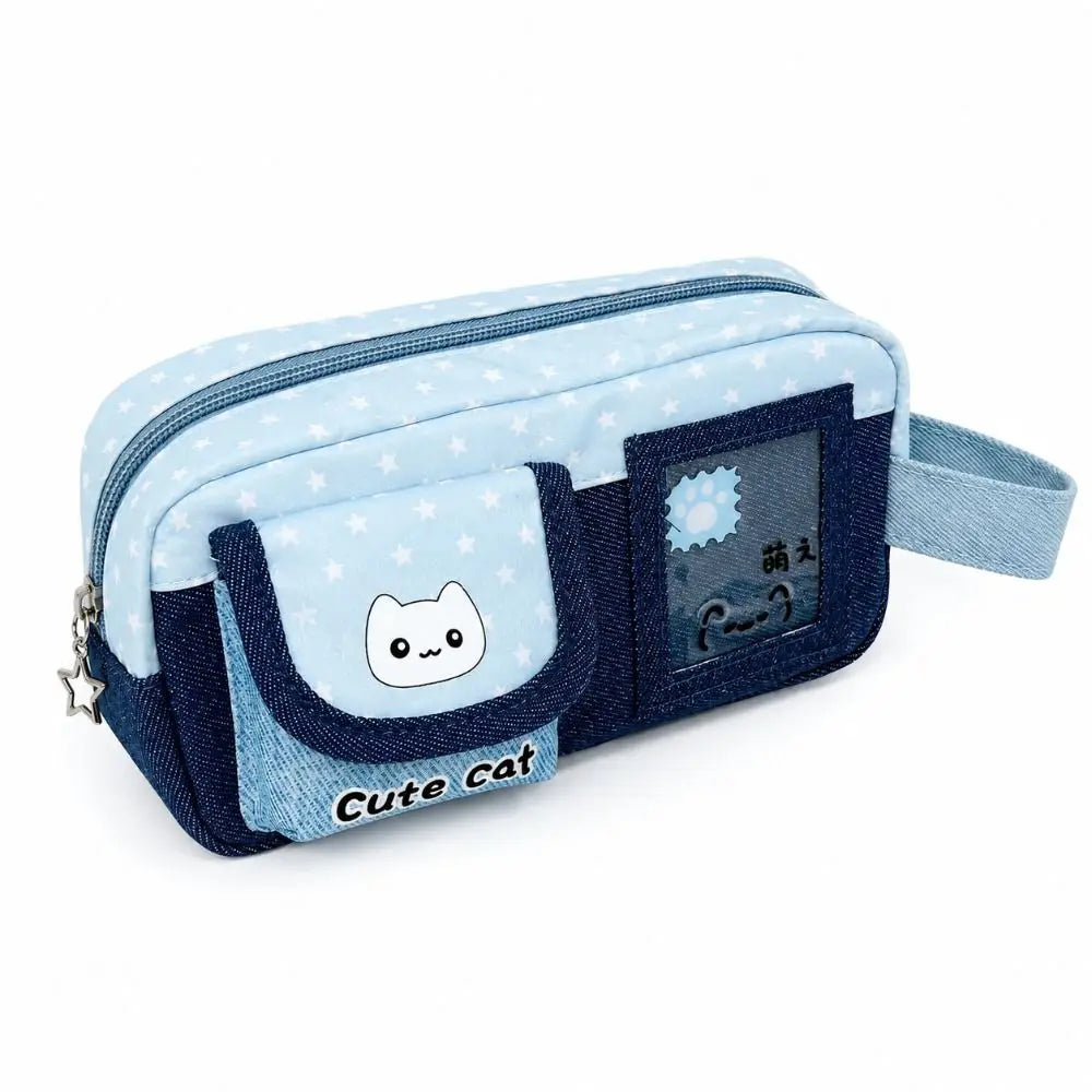 Denim Patchwork Pencil Case | Cat Print Large Capacity Pen Bag