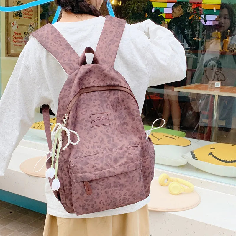 Leopard Print Backpack Women – Large Capacity Korean Style