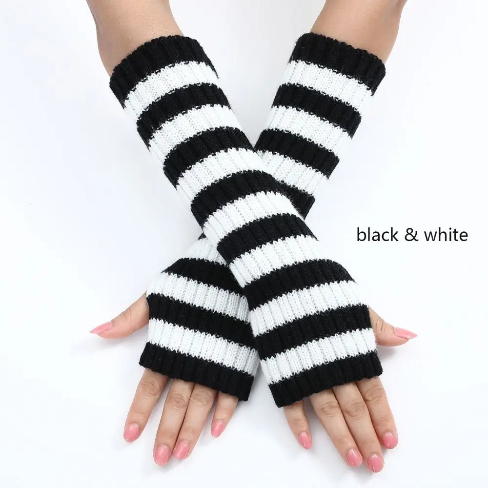Knitted Punk Stripe Arm Warmers Half Finger Sleeves | Nixie Knitted Arm Warmers Nixie black-white