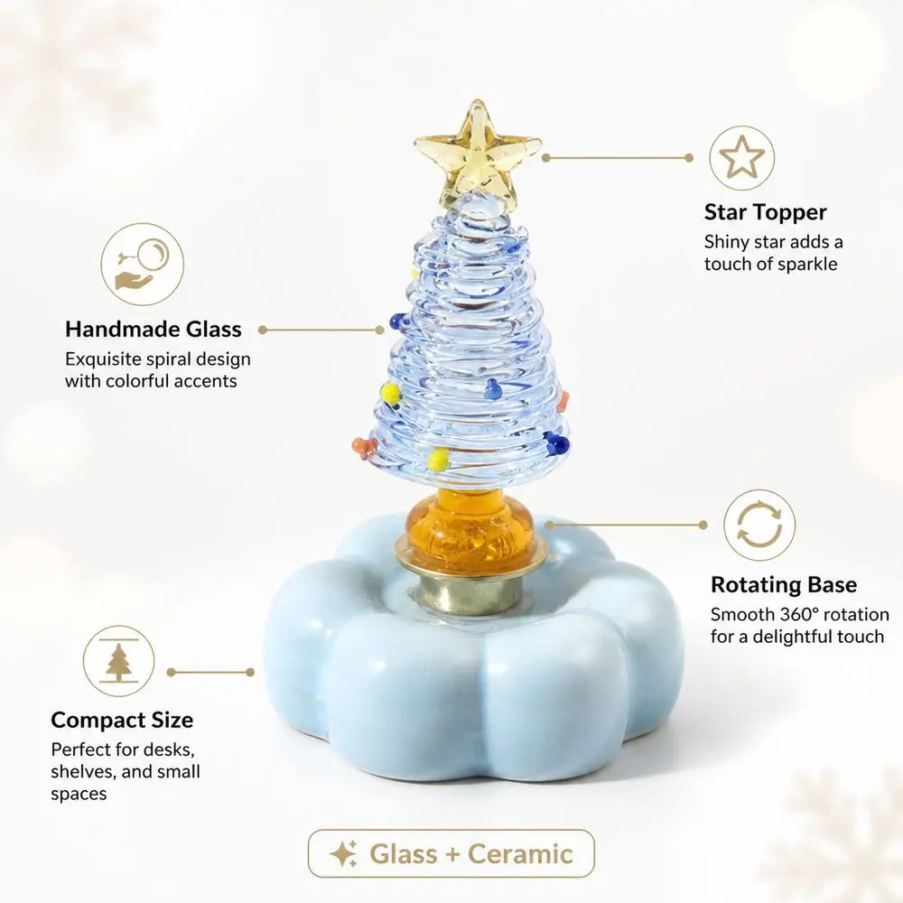 Glass Christmas Tree Figurine with Rotating Display Base