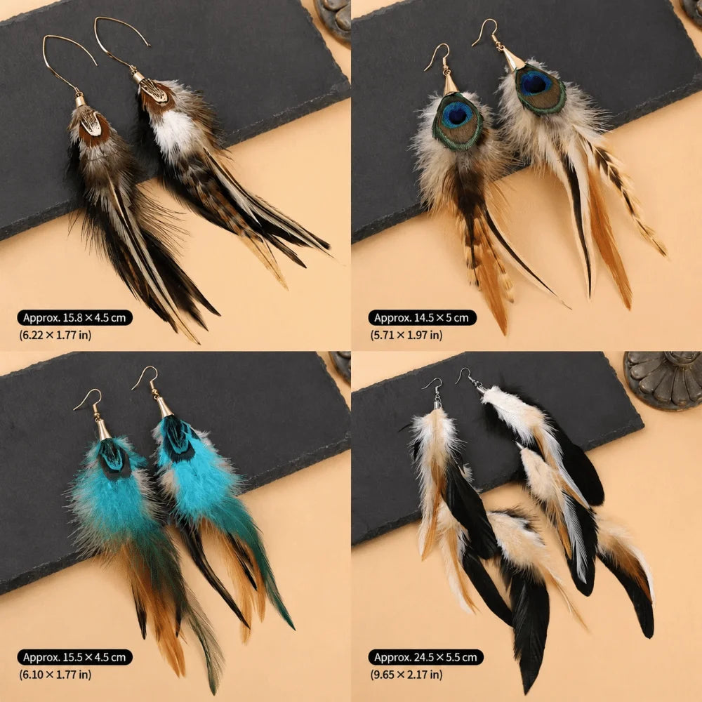 Boho Long Feather Tassel Dangle Earrings – Peacock Style
