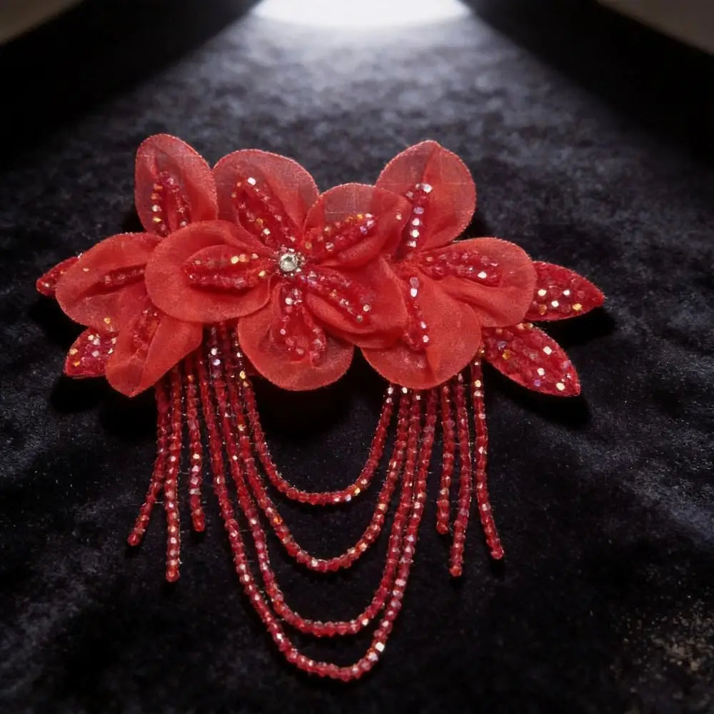 Handmade Fabric Flower Brooch with Tassels, Beads & Rhinestones Fabric Flower Brooch Nixie