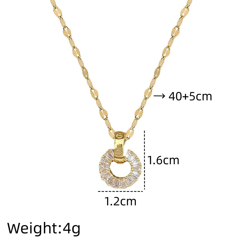 Women's Zircon Round Pendant Necklace | Gold Stainless Steel Pendant Necklace Nixie XL2606-900
