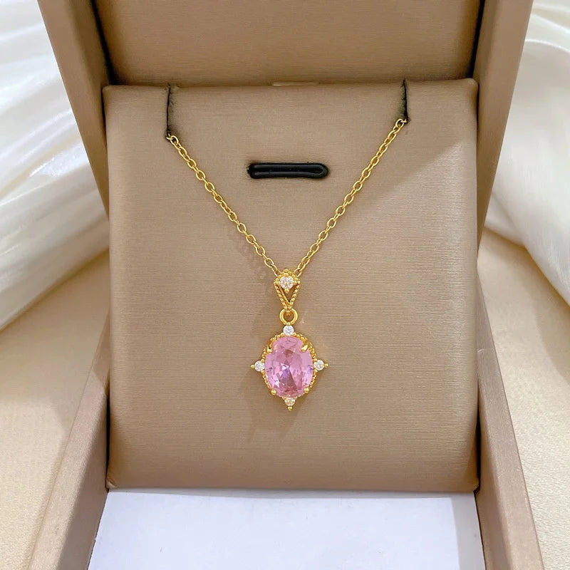 Women's Pink Zircon Pendant Gold Stainless Steel Necklace Pendant Necklace Nixie