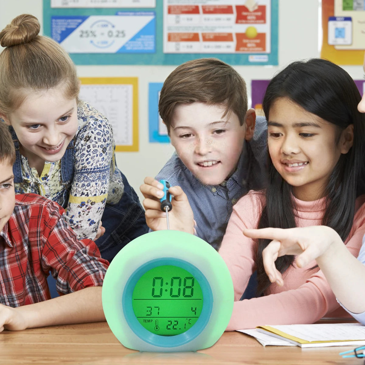Kids Digital Alarm Clock 7-Color Night Light & Temperature Kids Alarm Clock Nixie