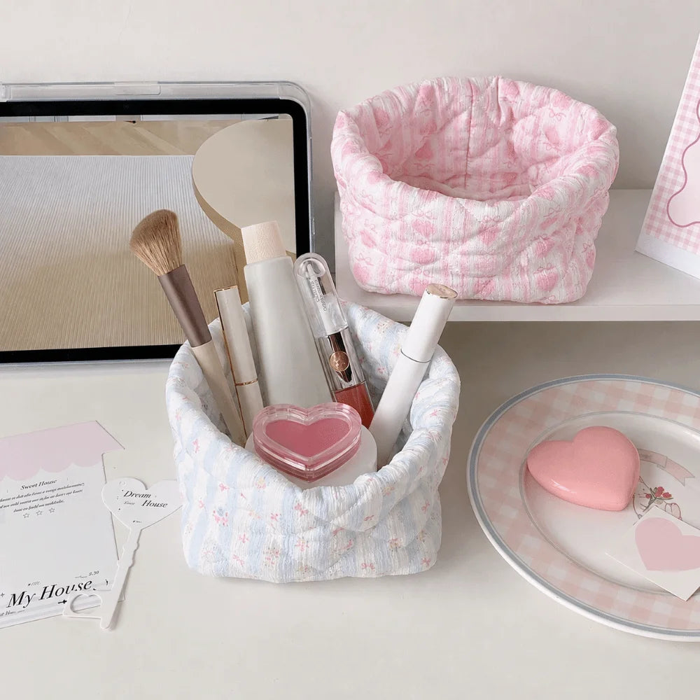 Quilted Fabric Desktop Storage Basket – Cute Floral Print Fabric Desktop Organizer Nixie