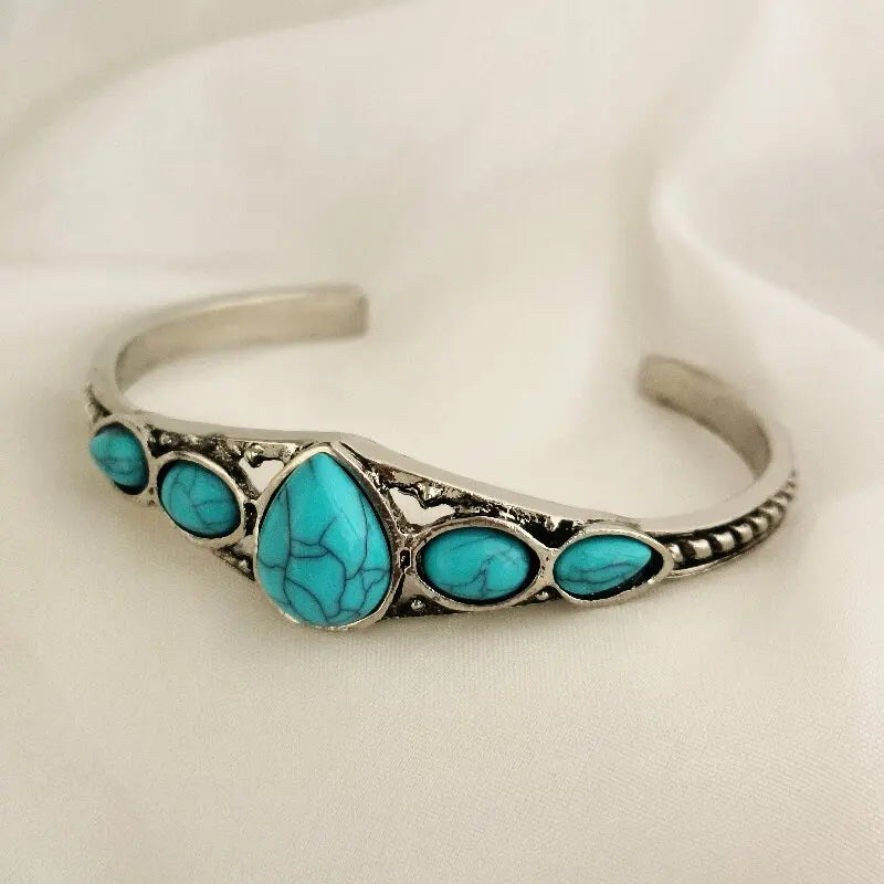 Retro Turquoise Carved Hollow Cuff Bracelet | Adjustable