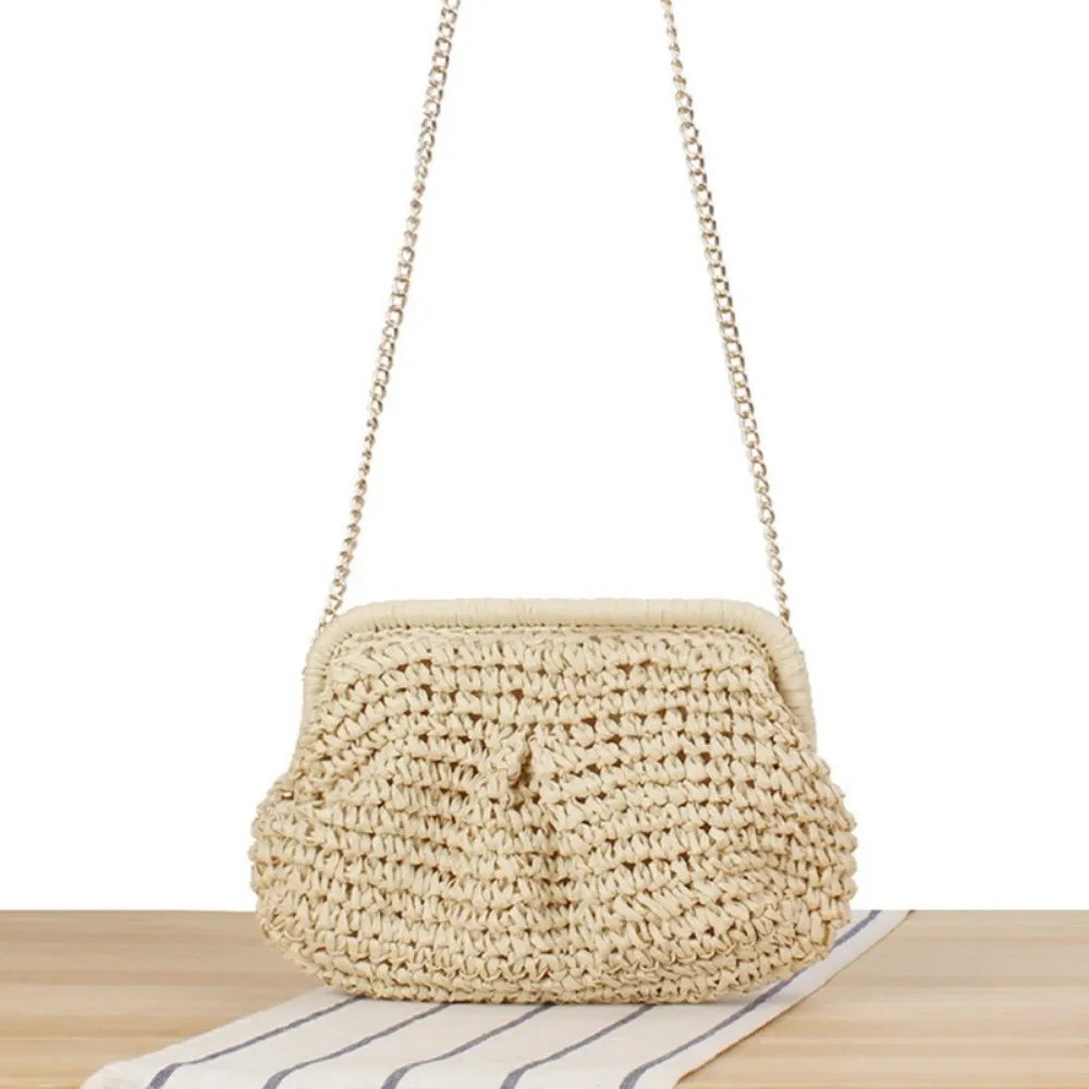 Large Straw Woven Shoulder Bag with Chain Strap | Boho Tote Straw Shoulder Bag Nixie