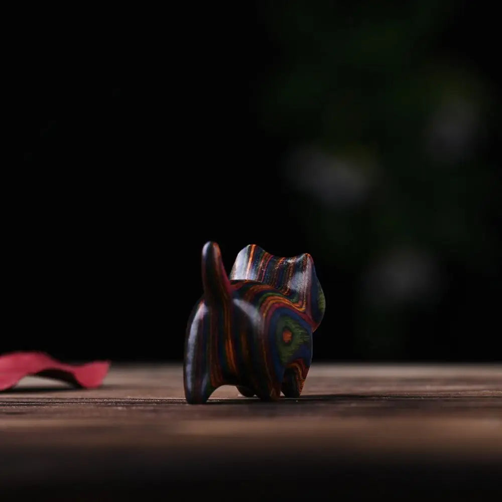 Rainbow Wooden Cat Ornament – Colorful Carved Desk Sculpture