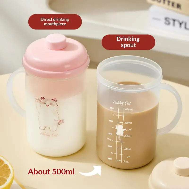 500ml BPA-Free Clear Cat Mug – Leakproof Lid & Volume Marks
