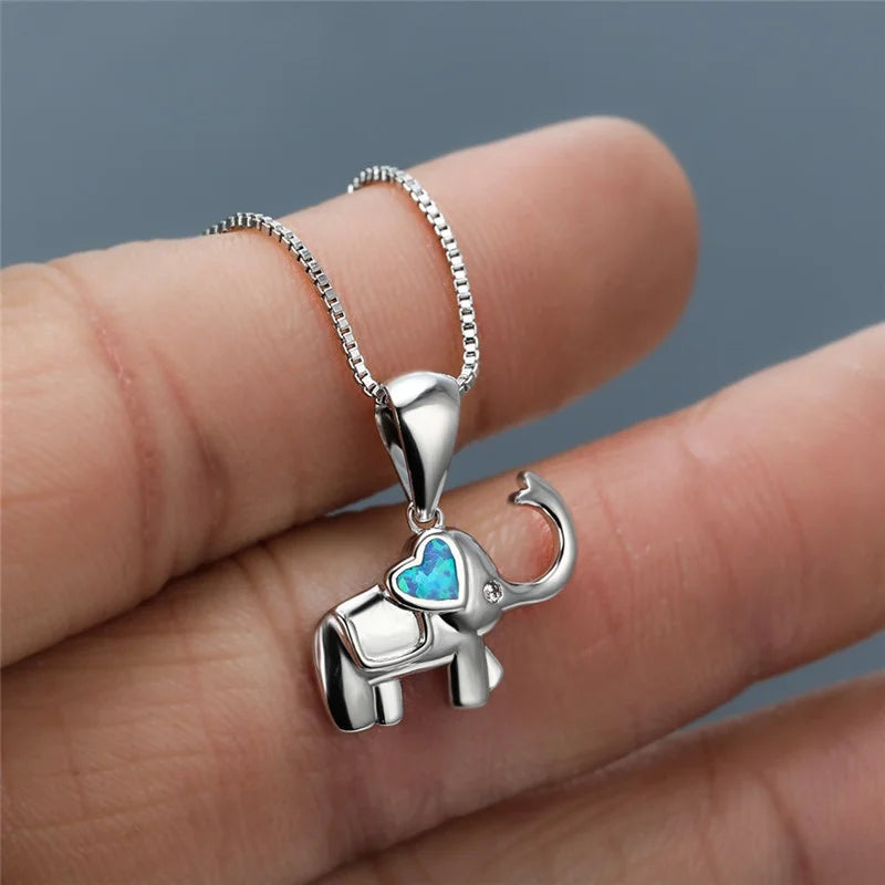 Elephant Pendant Necklace Blue Simulated Opal Charm Jewelry Pendant Necklace Nixie