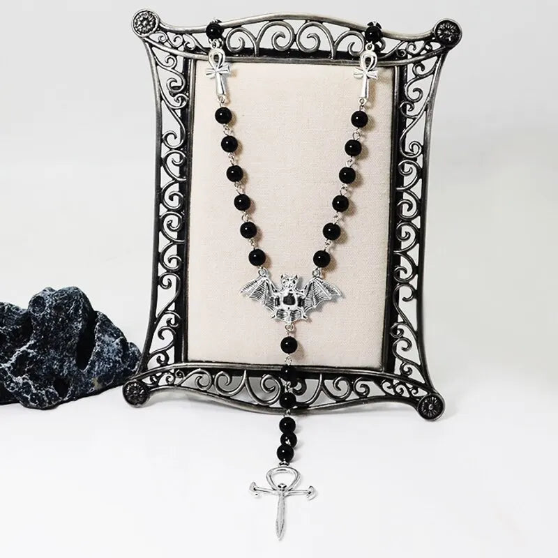 Vintage Gothic Vampire Bat Rosary Cross Pendant Necklace Unisex