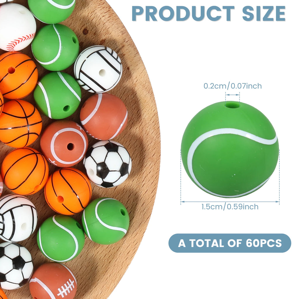 60Pcs Silicone Sports Ball Beads 15mm Bulk DIY Craft Mix Craft Beads Nixie