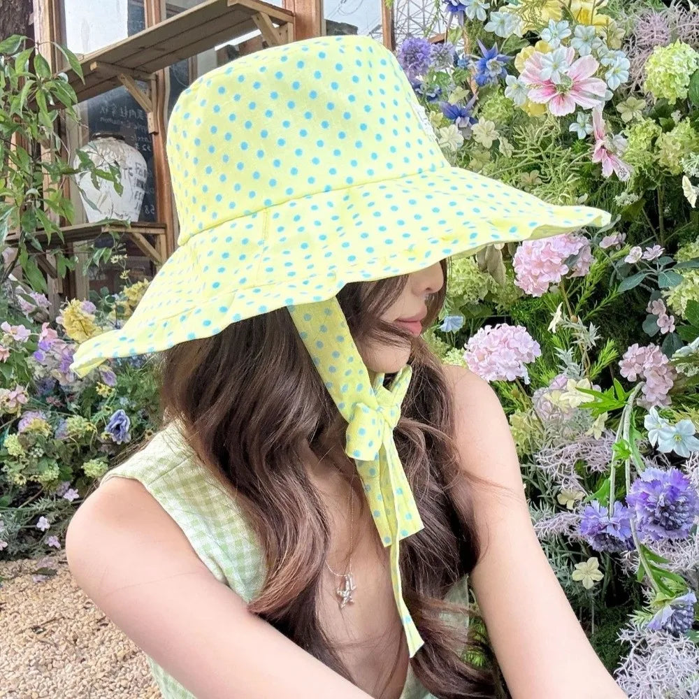 Women's Polka Dot Wide Brim Bucket Sun Hat with Ribbon Bucket Sun Hat Nixie