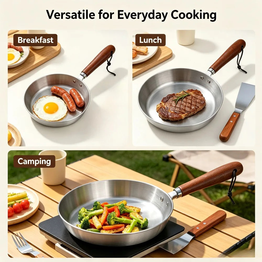 Nonstick Stainless Steel Frying Pan & Spatula Set | Wooden Handle Frying Pan Set Nixie