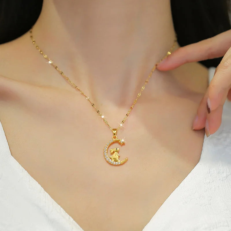 Moon Rabbit Pendant Choker Necklace | Gold Stainless Steel Pendant Choker Necklace Nixie