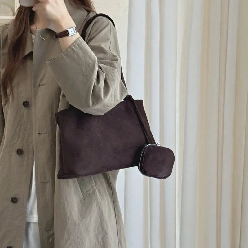 Nixie Faux Suede Tote Bag – Retro Commuter Shoulder Handbag Suede Shoulder Bag Nixie