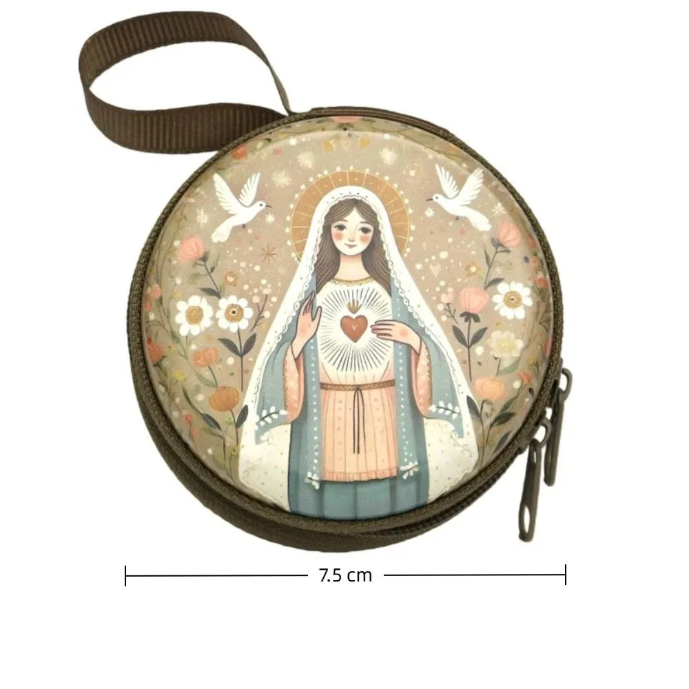 Virgin Mary Round Metal Rosary Storage Bag – Religious Keepsake Religious Storage Tin Nixie