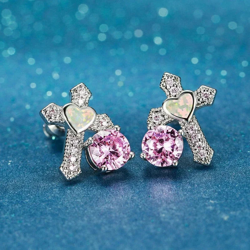 Heart Cross Opal Crystal Stud Earrings – Zinc Alloy Women