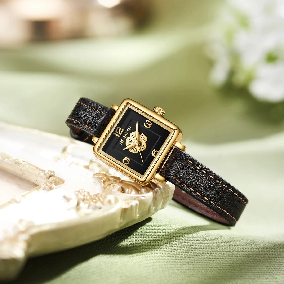 REBIRTH Floral Quartz Watch – Casual Leather Strap, 3Bar Quartz Wristwatch Nixie