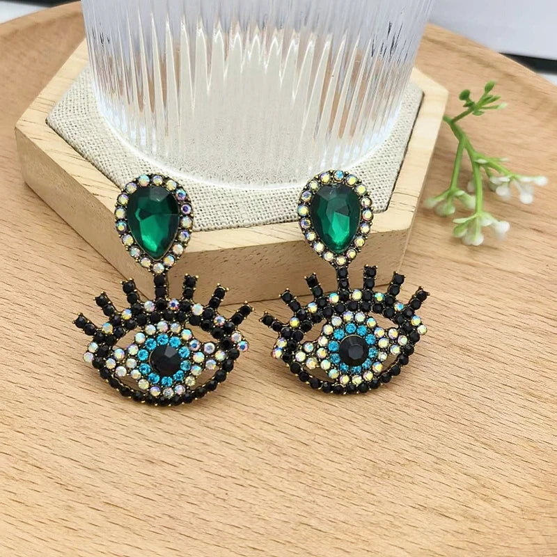 Women's Geometric Drop Earrings – Full Diamond & Colored Glass