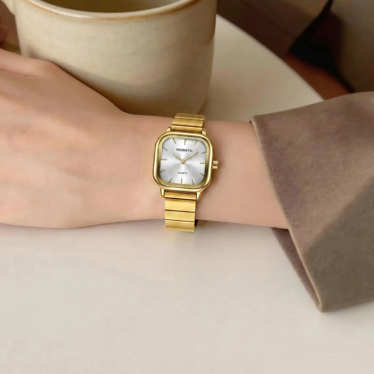 REBIRTH Quartz Watch Roman Numeral Square Dial Stainless Steel Quartz Wristwatch Nixie