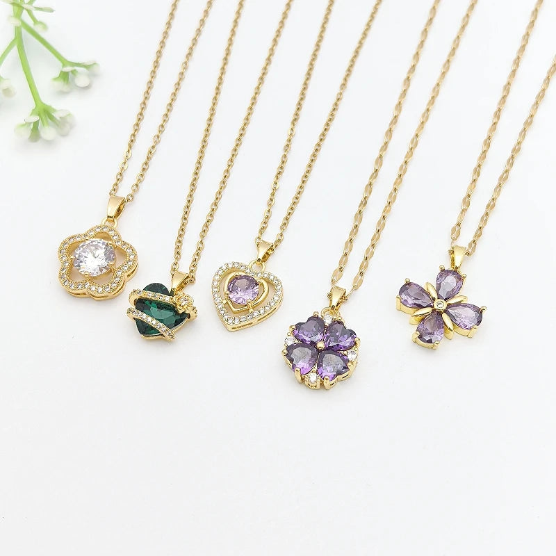 Purple Flower Copper Pendant Necklace | Women's Clavicle Chain Pendant Necklace Nixie
