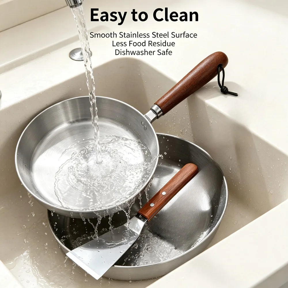 Nonstick Stainless Steel Frying Pan & Spatula Set | Wooden Handle Frying Pan Set Nixie