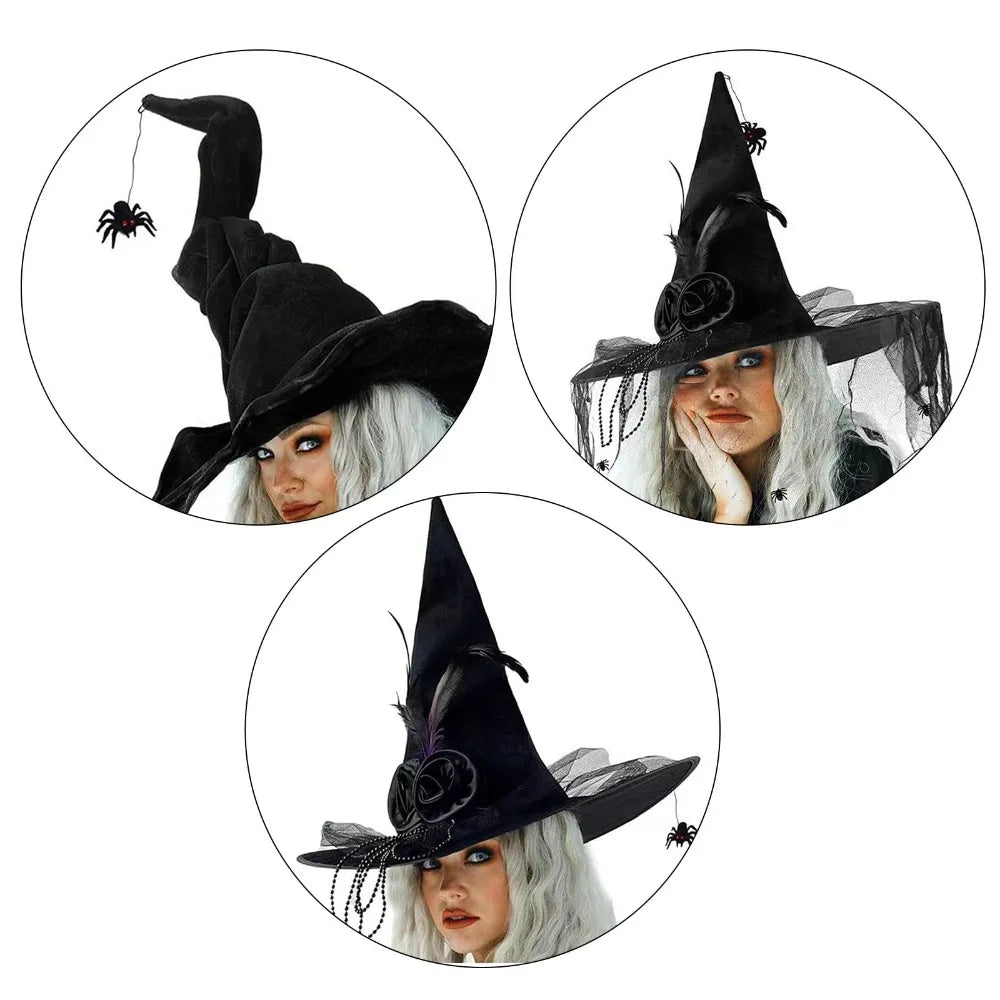 Halloween Witch Hat with Veil, Flowers & Feathers | Felt Wizard Hat Costume Witch Hat Nixie