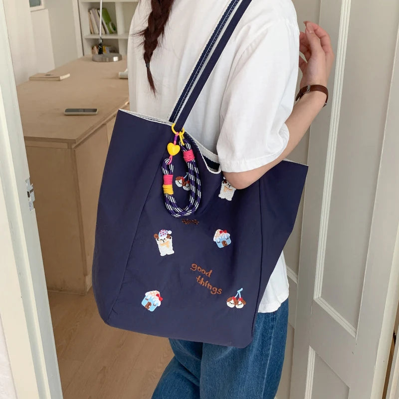 Cartoon Embroidery Tote Bag – Large Canvas Shoulder Bag Embroidery Tote Bag Nixie