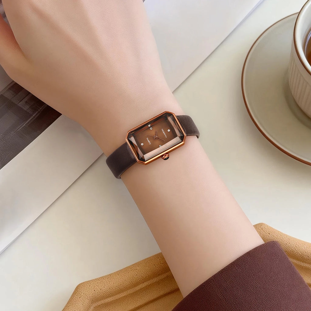 REBIRTH Retro Quartz Watch – Leather Band, Rectangle Dial Quartz Wristwatch Nixie