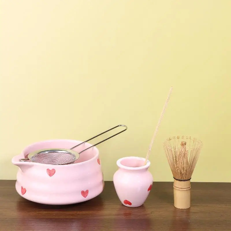 Heart Decal Ceramic Matcha Set – Bowl, Whisk & Bamboo Tools Matcha Tea Set Nixie