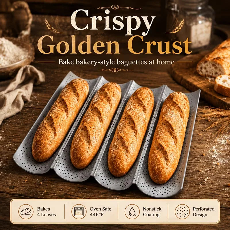 4-Wave Nonstick Baguette Pan – Carbon Steel French Bread Tray Baguette Baking Pan Nixie