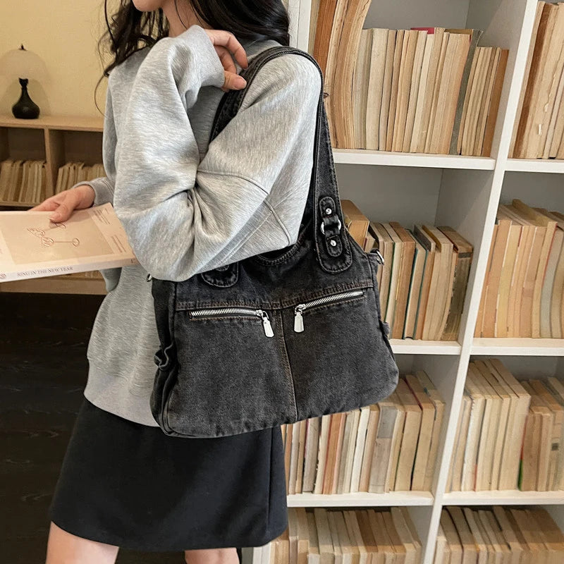 Japanese Vintage Denim Tote Bag – Large Shoulder Handbag Denim Tote Bag Nixie