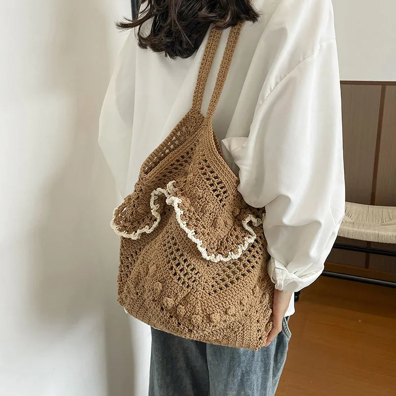 Handmade Woven Hollow Tote Bag | Women's Beach Shoulder Bag Woven Shoulder Tote Nixie