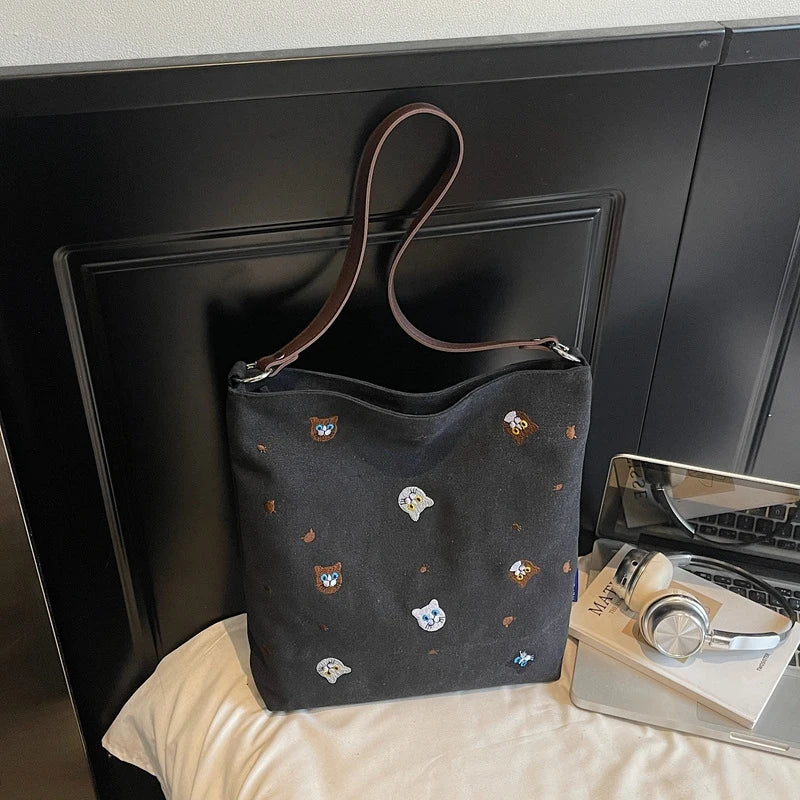 Women's Embroidered Canvas Tote Bag | Korean Minimalist Style Canvas Shoulder Tote Nixie