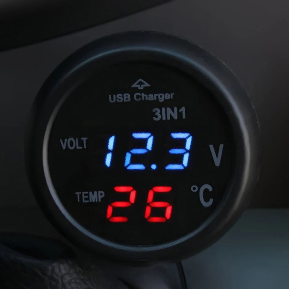 3-in-1 Car Voltmeter Thermometer USB Charger 12/24V LED Car Voltmeter Gauge Nixie