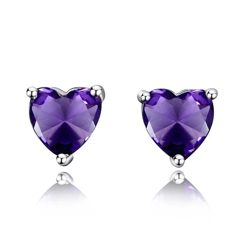 2 Pairs Heart Stud Earrings Silver-Plated with Stones for Women Stud Earrings Set Nixie PURPLE