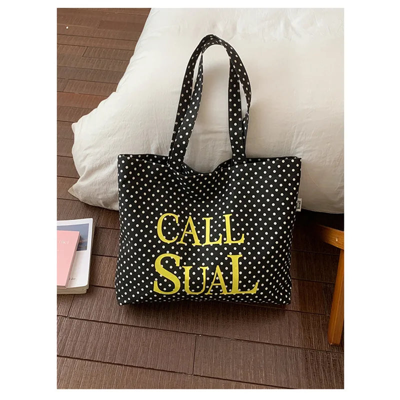 Korean Polka Dot Canvas Shoulder Bag – Large Capacity Women Canvas Shoulder Bag Nixie BB-1305Black