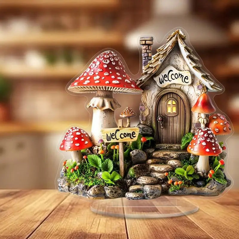 2D Acrylic Fairy Mushroom Cottage Desktop Ornament Plaque Desktop Ornament Nixie